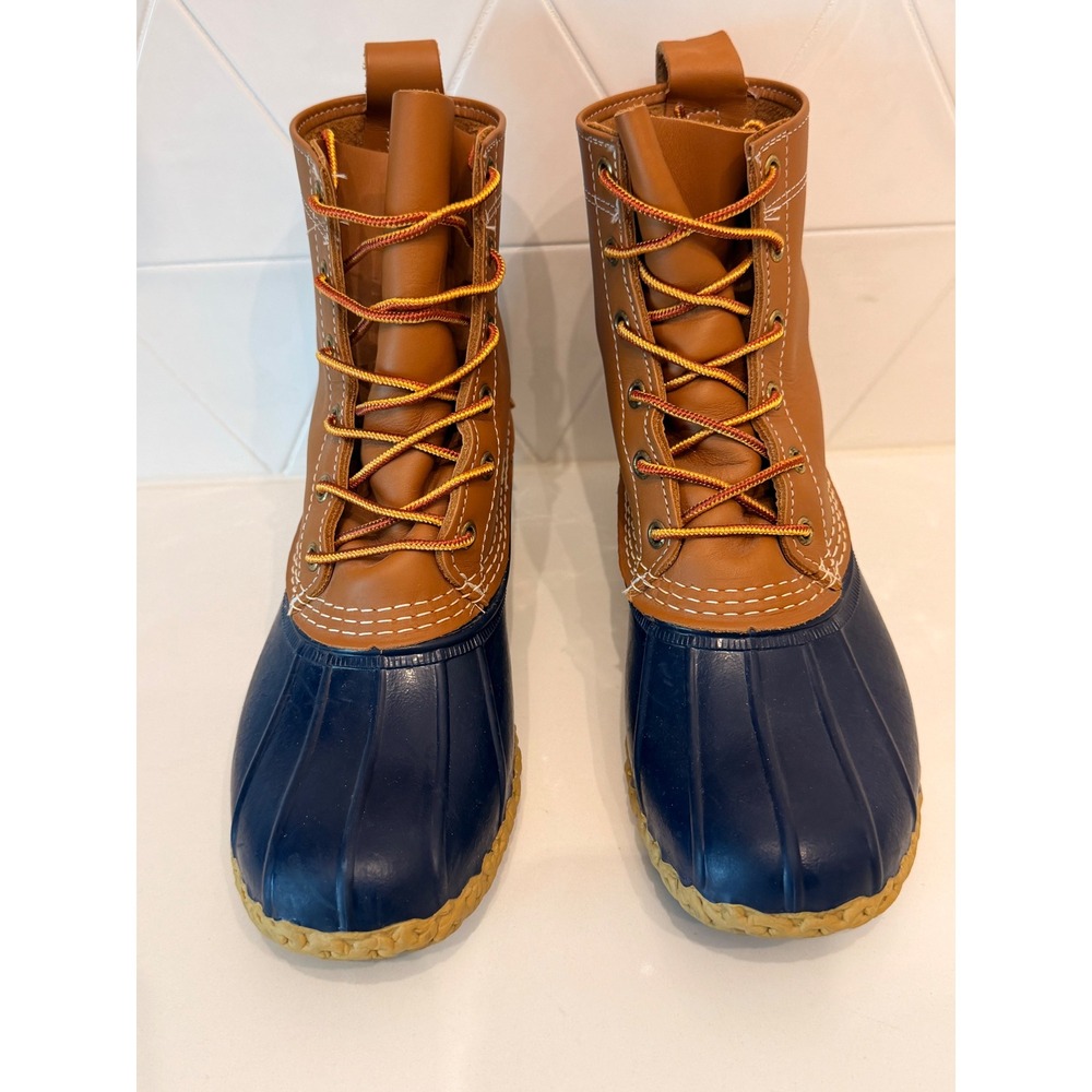 LL Bean Womens 8 Inch Bean Boots Tan Navy Blue Duck Boots 8M 212880